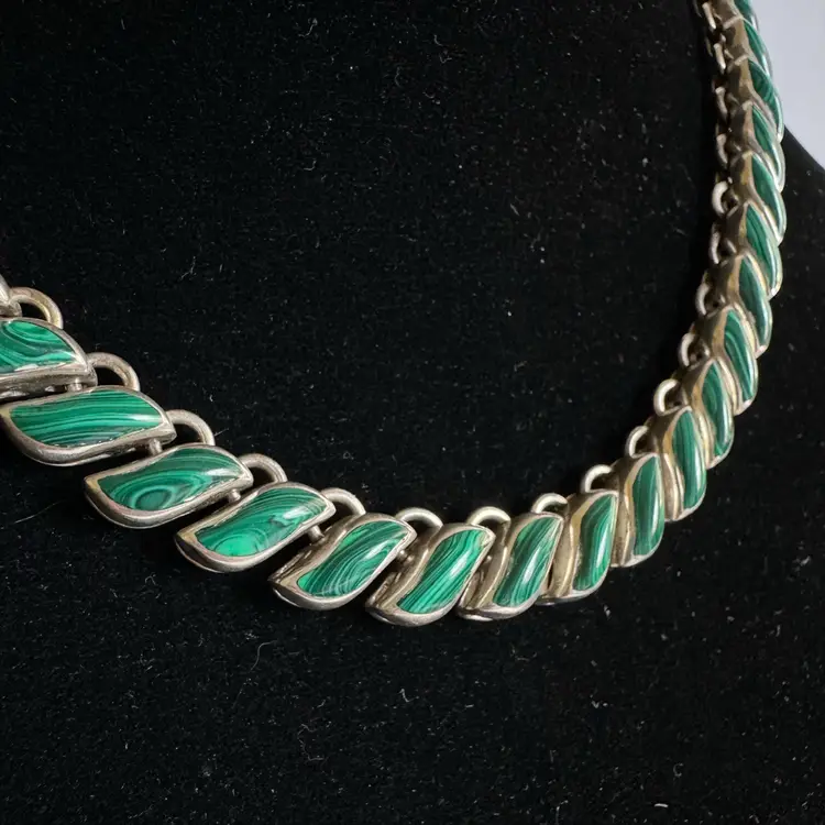 Vintage Fine Sterling Silver 950 Malachite Link Necklace VBV Taxco Mexico 112g