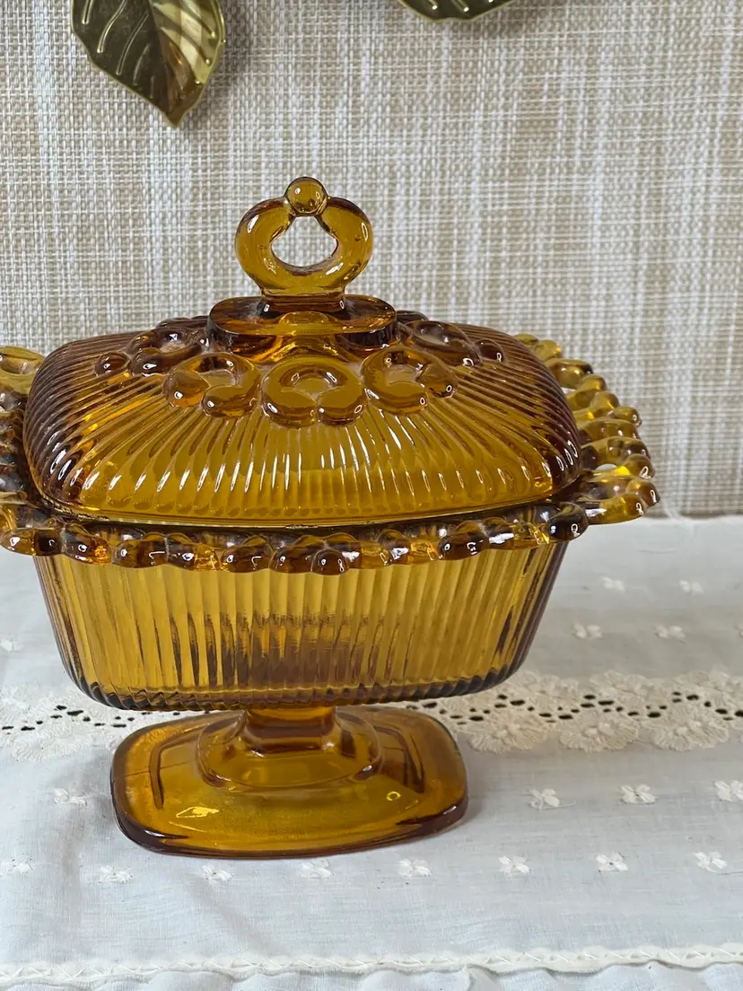 021 Indiana Glass Amber Lidded Rectangular Amber Pedestal Old Colony Open Lace  7.5" X 7.25" X 5.25"