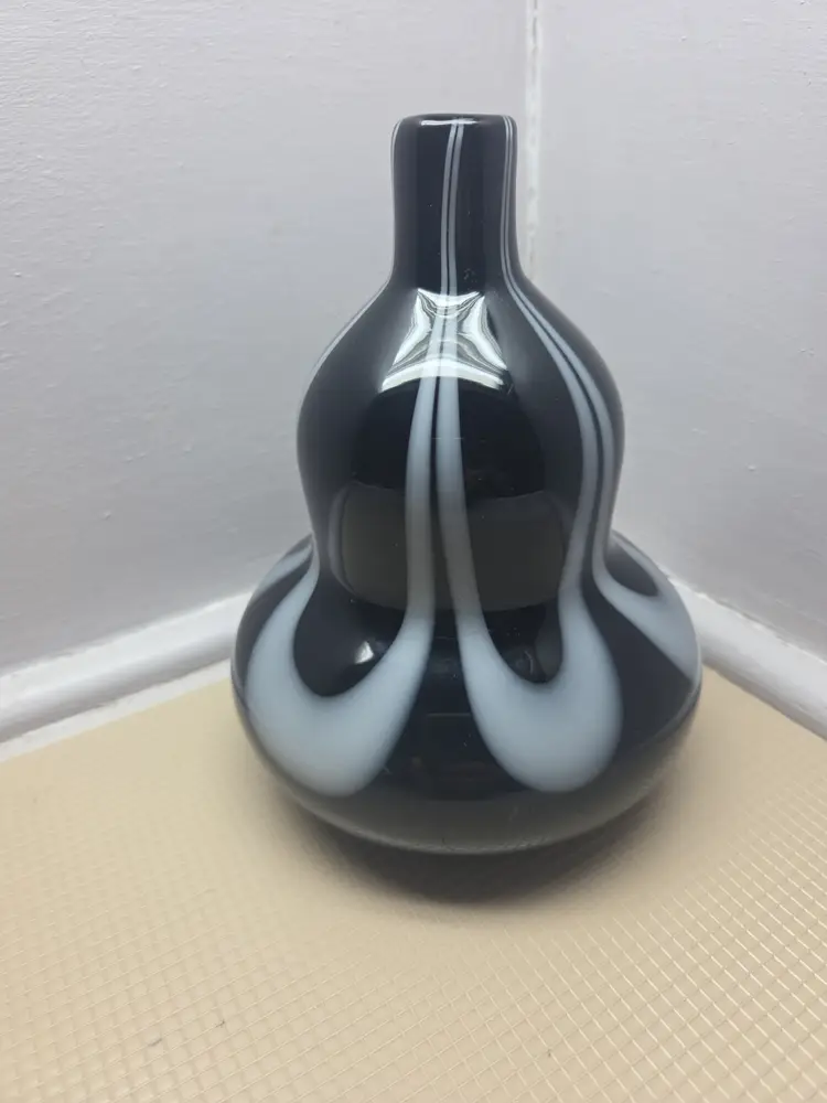 Vintage Murano 6.5" Glass Black and White Swirl Pattern Gourd Vase, Mid-Century