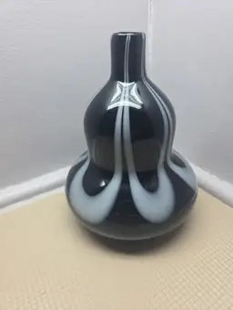Vintage Murano 6.5" Glass Black and White Swirl Pattern Gourd Vase, Mid-Century