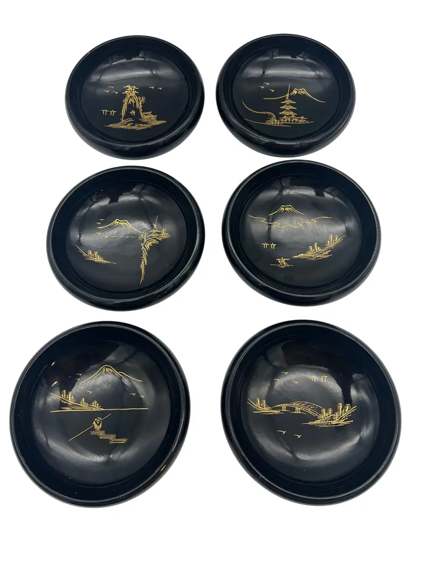 Set of 6 Aizu Lacquerware Black Bowls Gold Landscape Japan Mt Fuji Pagoda Design 5.5" Vintage Mid Century Japanese Decor