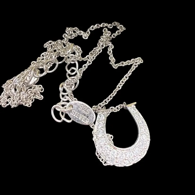 vintage sterling silver horseshoe necklace with pavé-set cubic zirconia crystals