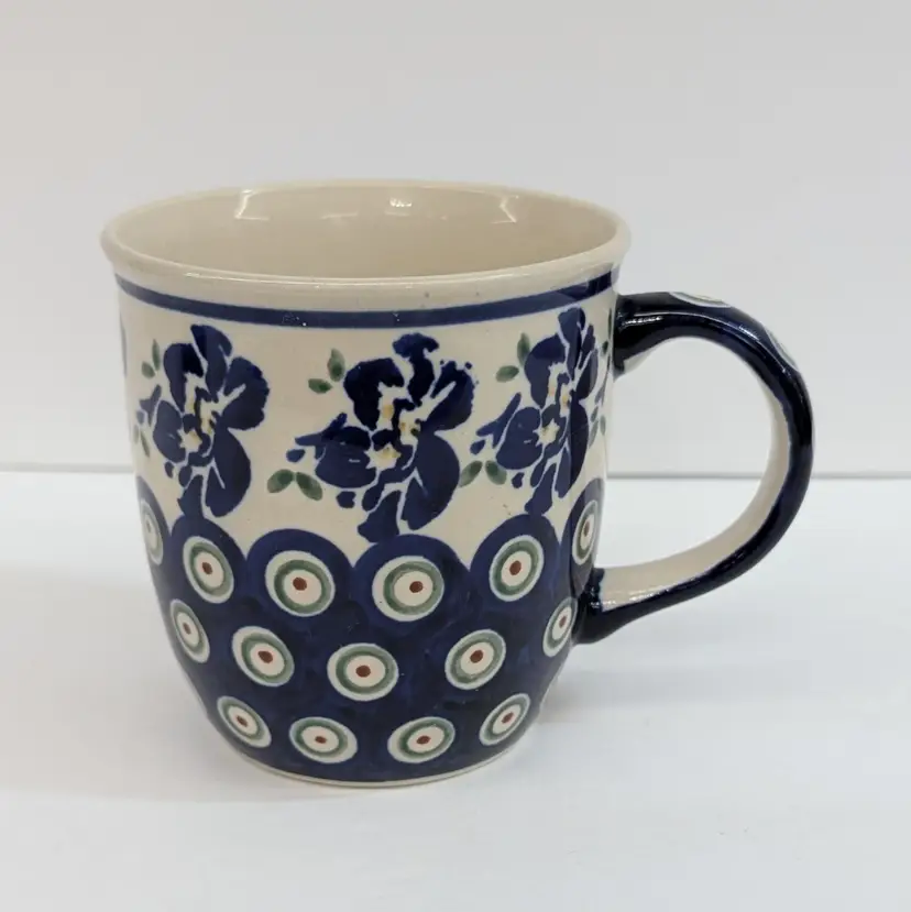 Vintage Boleslawiec Polish Pottery Handmade Coffee Mug Floral Peacock Design