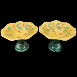 Vintage Gail Pittman "Cherries" 2 Scalloped Bowls & Pedestals/Candle Holders, Signed