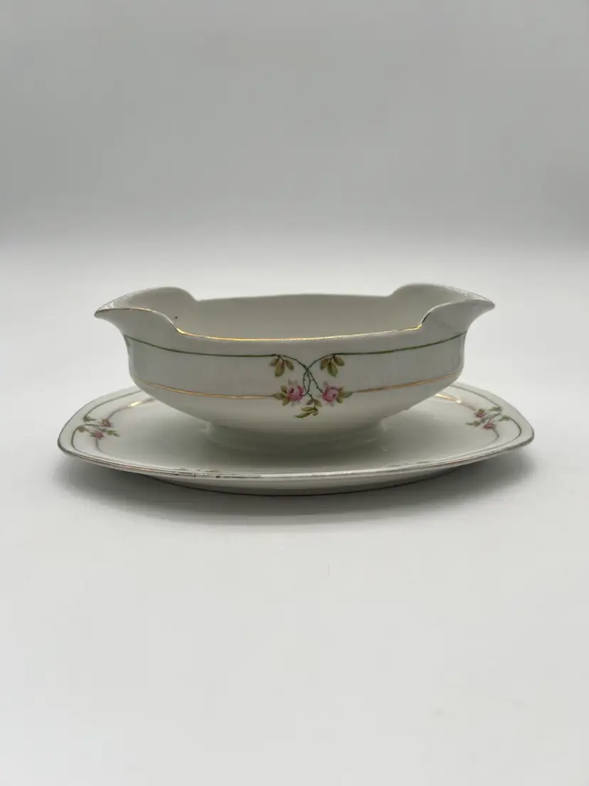 Antique MZ Austria Gravy Boat With Attached Underplate With Hand Painted Floral Design