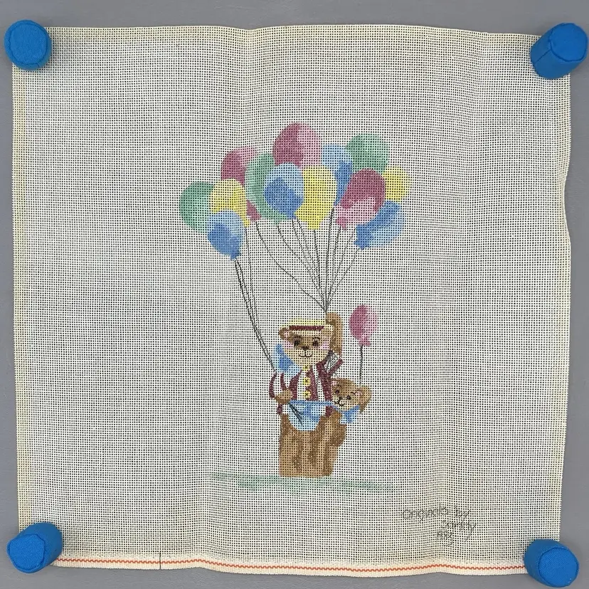 Stitch Painted Needlepoint Balloon Vendor Bear with Baby Bear 13 Point Canvas 17.75x17.75"