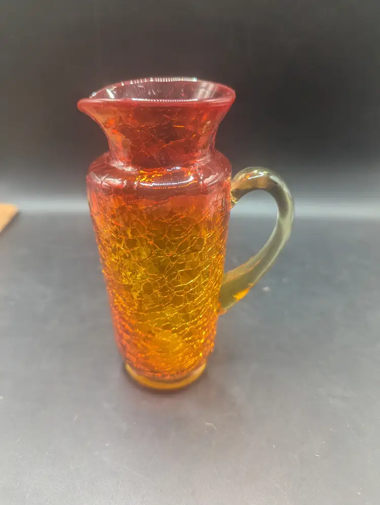 Vintage Crackle Glass Amberina Jug With Nice UV Reactive Glow 5.5" Tall