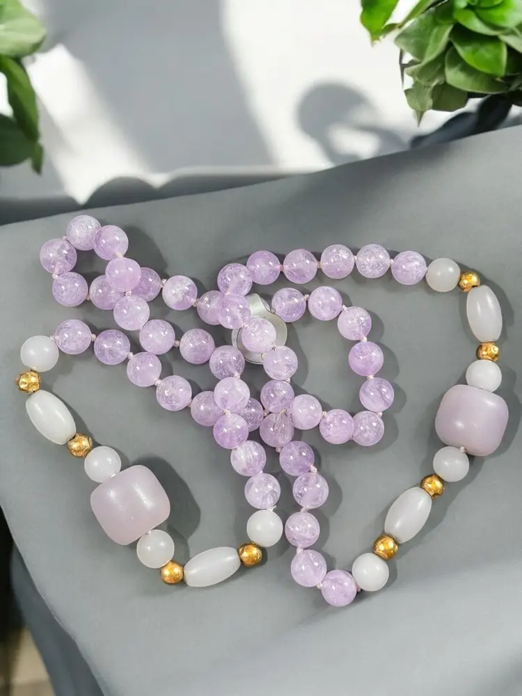 30” Amethyst & Frosted Glass Bead Necklace