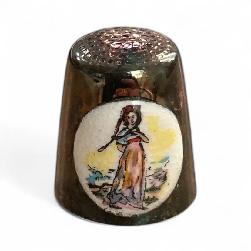 Vintage Copper Tone Metal Thimble With Woman Oval Tile