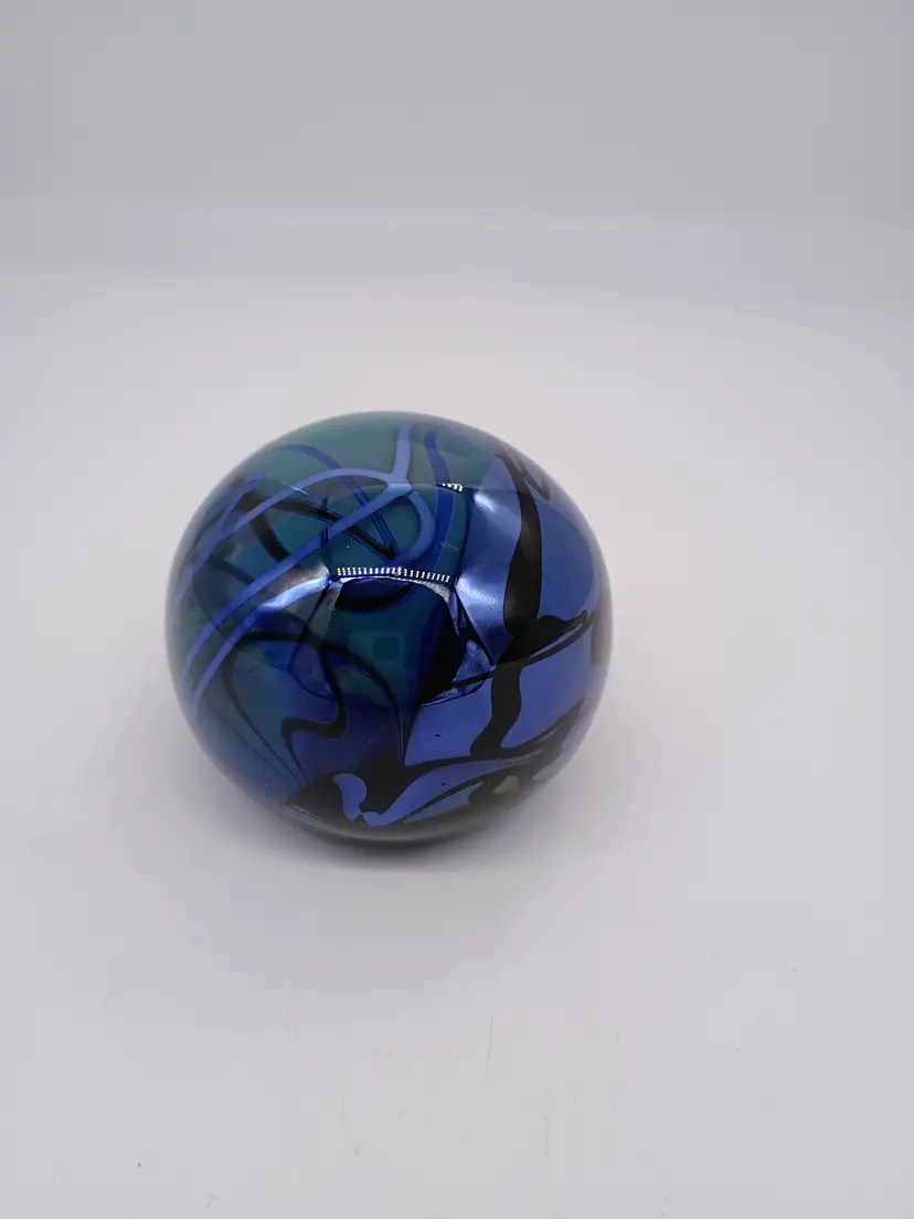 Randy Strong Signed L.E. 7/76 Black and Multiple colors of Blue Abstract Art Glass Paperweight