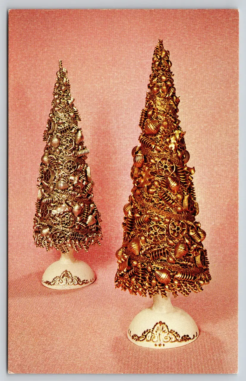 Postcard Filigree Fantasy Gold Tone Christmas Trees National Handcraft Institute