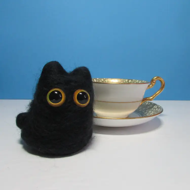 vintage Vicotria C&E goldtone teacup and saucer with handmade felted black cat