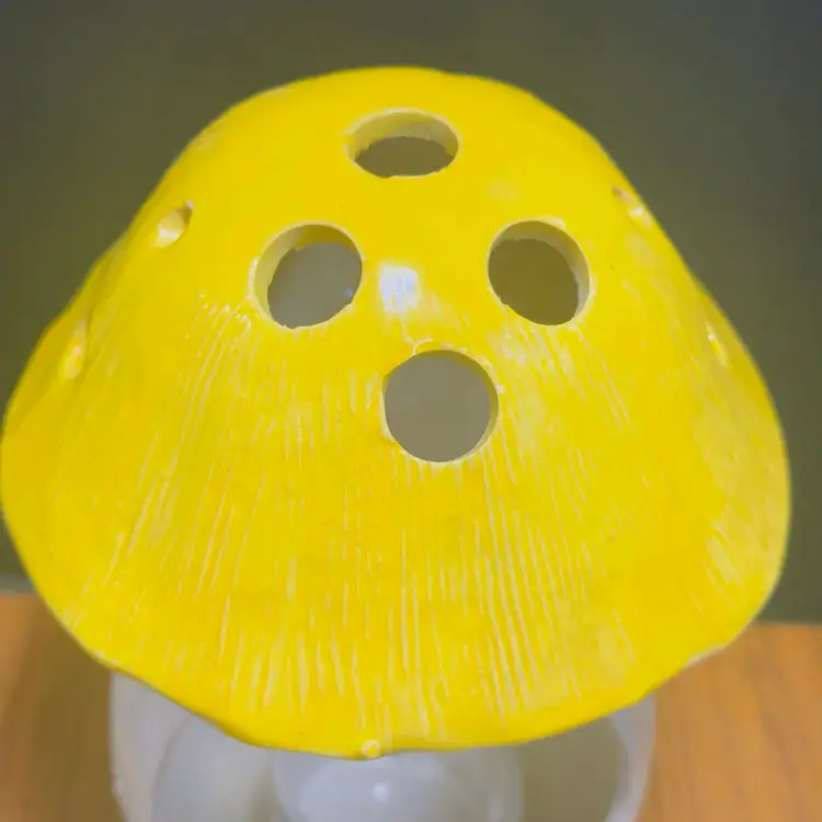 #1452 Vintage Inarco, Ceramic, Yellow & Cream, Mushroom,Fairy Lamp, Candle Holder, Bird Feeder, No Handle