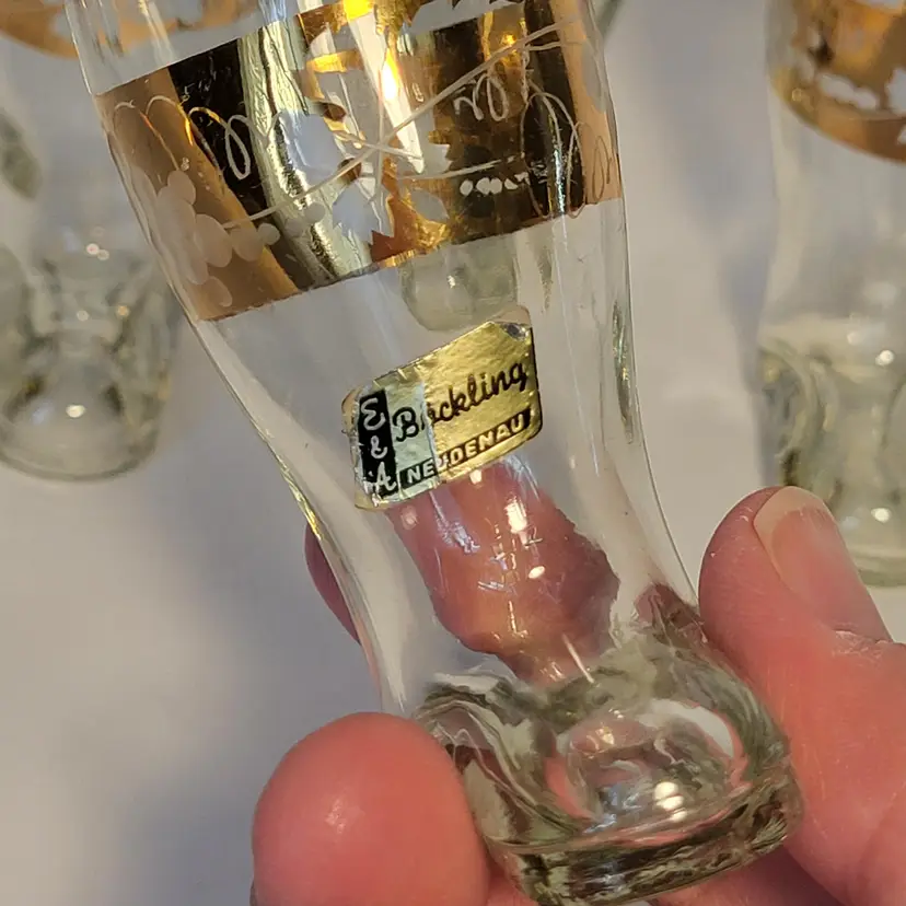 Vintage E&A Bockling Neudenau Set of 4 Shot Glasses 2oz Boot German Etched Gold