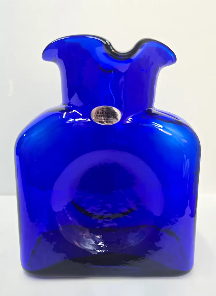 Blenko 4 Spout Blown Glass Cobalt Blue Water Bottle Vase with Sculpted Thumb Support, Sticker, Etched Bottom and Visitor Center Card. 2021