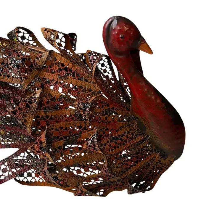 Vintage Metal Turkey Lacey Multi-Colored Sculpture With Curled Metal Distressed Display Tableware Centerpiece Fall Colors, 16” Head To Tail