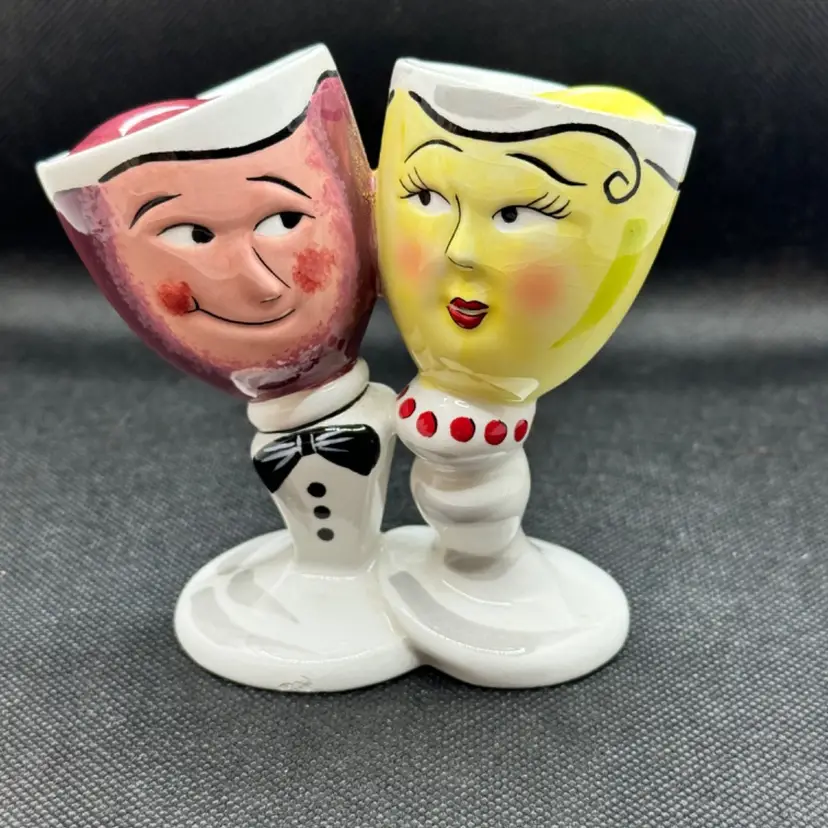 Vintage 2002 Clay Art Anthropomorphic Wine & Dine Lovers Man & Woman Couple People Salt & Pepper Shaker, Handcrafted By Clay Art, Made in China, MPN 7624