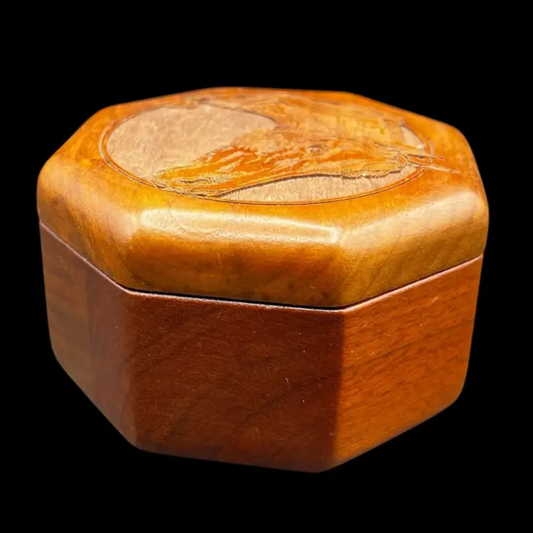 #274B Vintage Turned Wood Hexagon Trinket Box With Laser Cut Horse Head On Lid. Lined With Blue Velvet.  Lid Is Removable 
Equestrian, Western