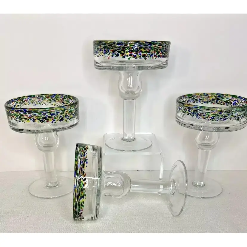 Vintage Set of 4 Margarita Hand Blown Glasses Speckled Confetti Design ~ Mexico