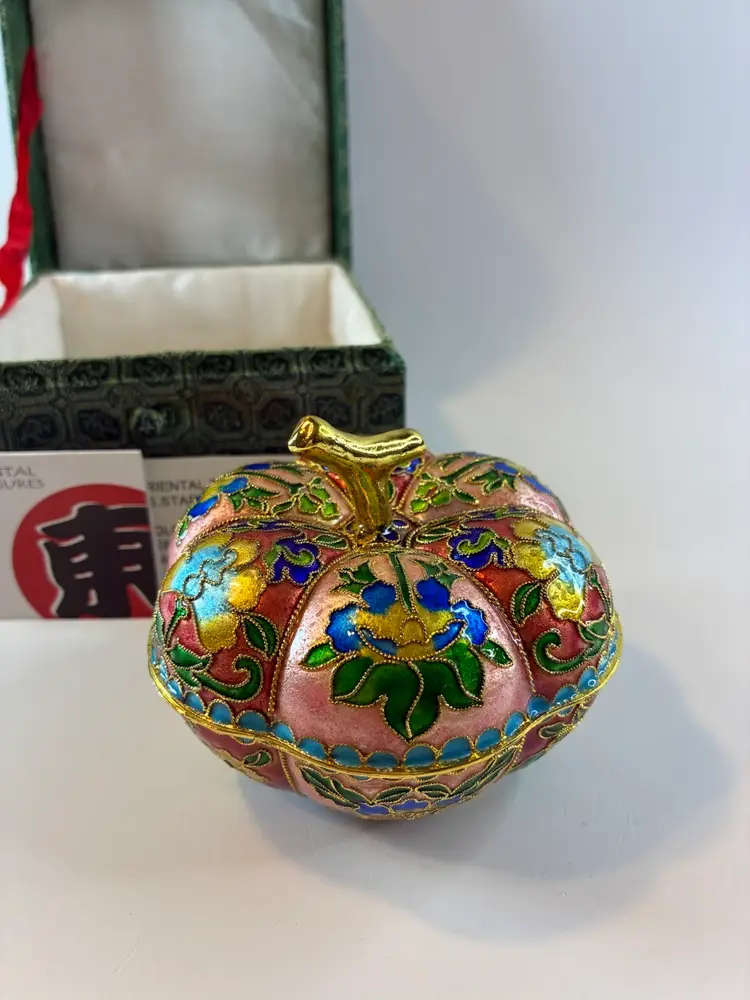 Oriental Treasures Cloisonné Pumpkin Trinket Box 4” X 3”