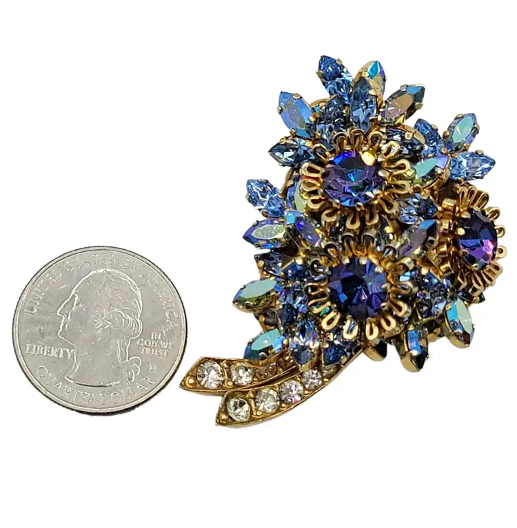 Austria Gold Tone Blue Crystal Clear Rhinestones Floral Brooch, Signed