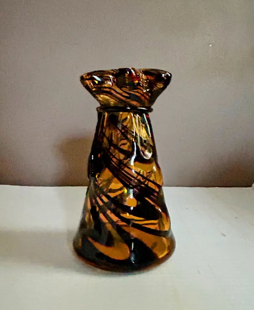 Vintage, MCM, Art Glass Vase, Tied Bag,  Amber, Black Ribbon Swirls, Abstract