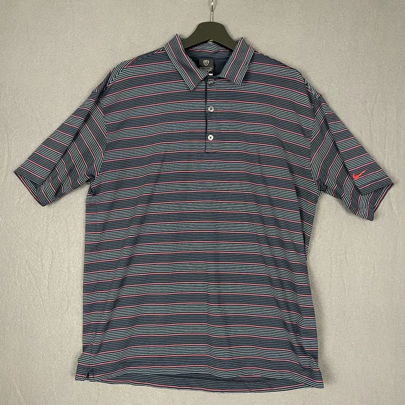 Nike Dri-Fit UV Polo Shirt Men's L Blue Striped Short Sleeve Golf Performance M-1217