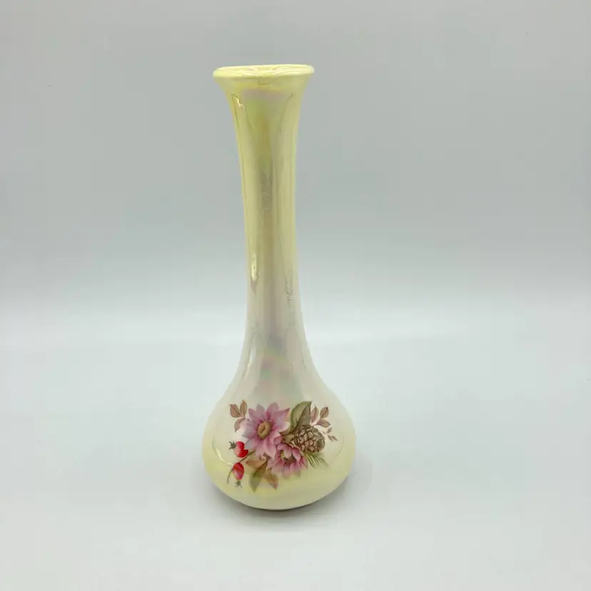 Vintage Ceramic Floral Yellow Iridescent Pearl Luster Bud Vase Flowers Berries 6.25"