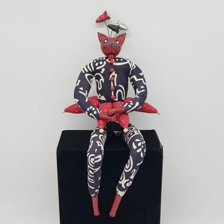 Whimsical Cat Figure Shelf Sitter Fish on Head Fabric and Polymer African Design VTG