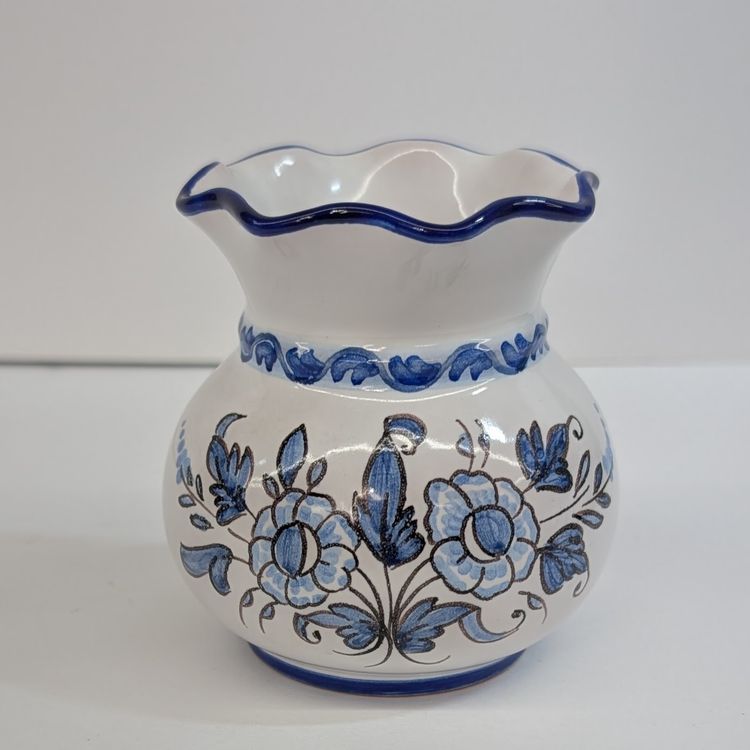 Vintage A. Montagnon Vase Blue Florals French Nevers Pottery Signed "Gd M" 3.25"
