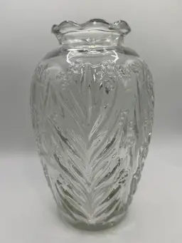 Vase Clear Press Glass Embossed  Garden Flower 8" Scalloped Rim Vintage