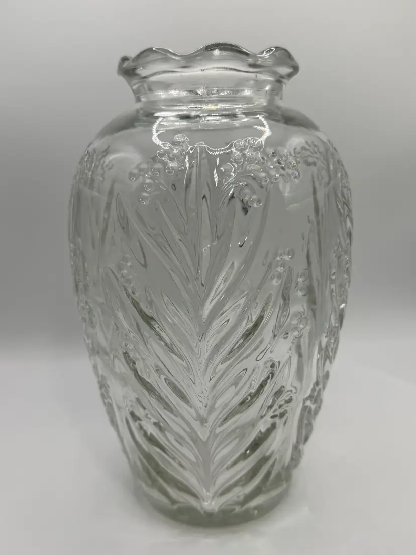 Vase Clear Press Glass Embossed  Garden Flower 8" Scalloped Rim Vintage