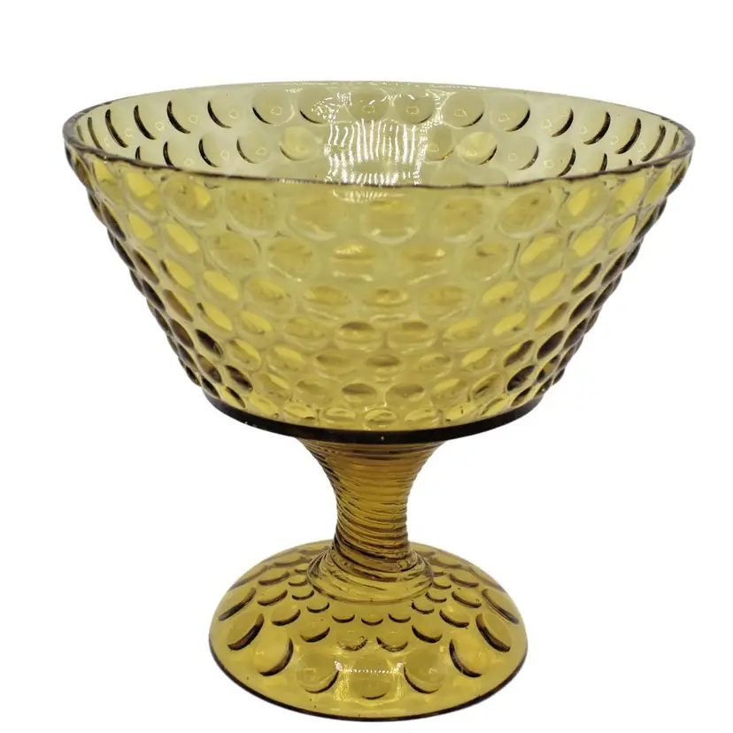 Antique Amber Gold Atterbury Glass Coin Raindrop Polka Dot Pedestal Compote Bowl