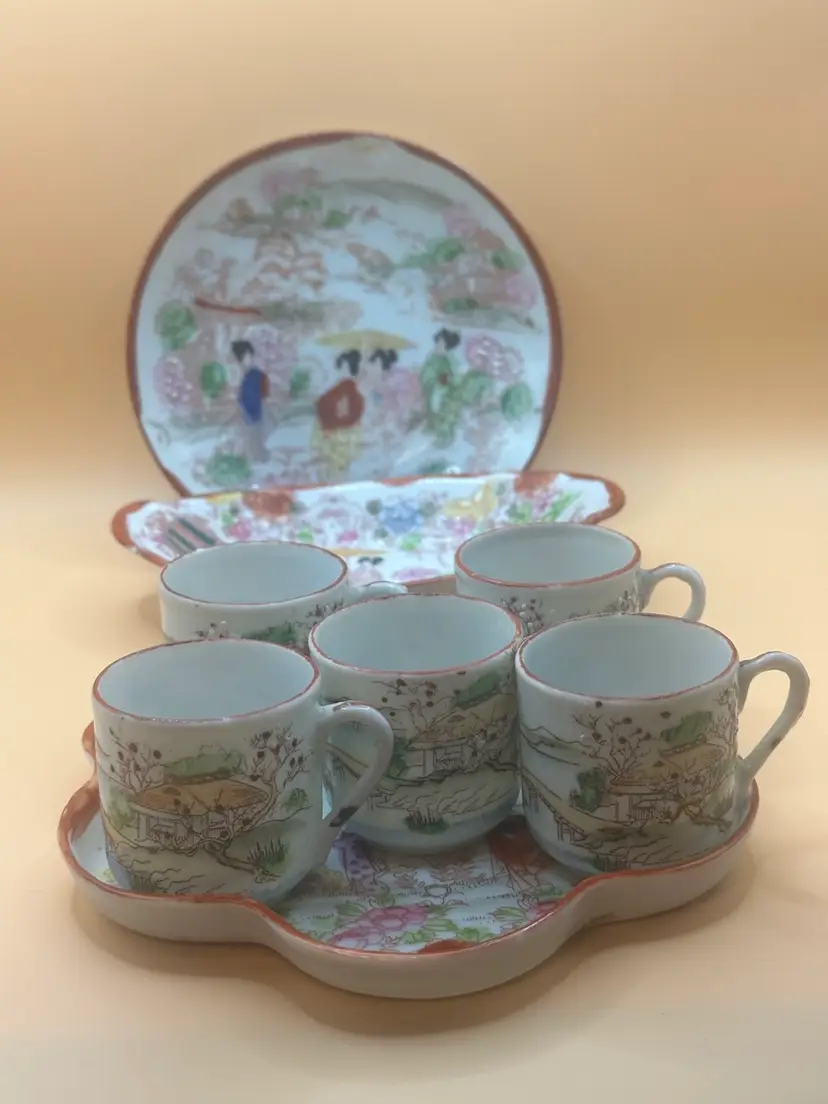 Vintage Hand Painted Geisha Girl Porcelain Dishes And 5 Small Cups 8 Pieces