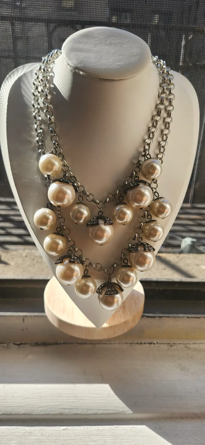 Chico's Bold Chunky Faux Pear Cluster Statement Necklace - Silver Tone.