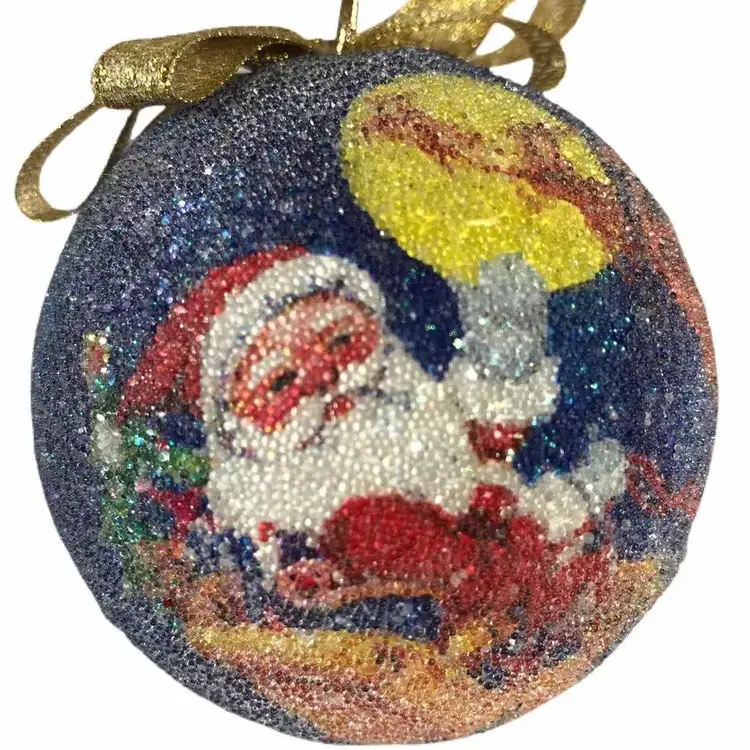 Vintage Ornament Santa Reindeer Sparkly Gold Bow Moon Round Christmas Holiday