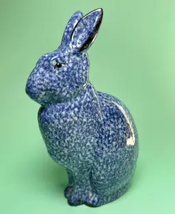 Vintage Enesco Dark Blue White Spongeware 8.5" Tall Ceramic Bunny Rabbit Hare Figurine Speckled