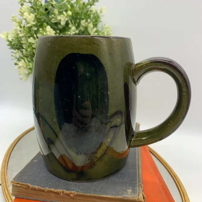 Vintage 70s Olive Green Pottery Mug Blue Floral - 4.75" tall x 4" x 5.5" w/ handle