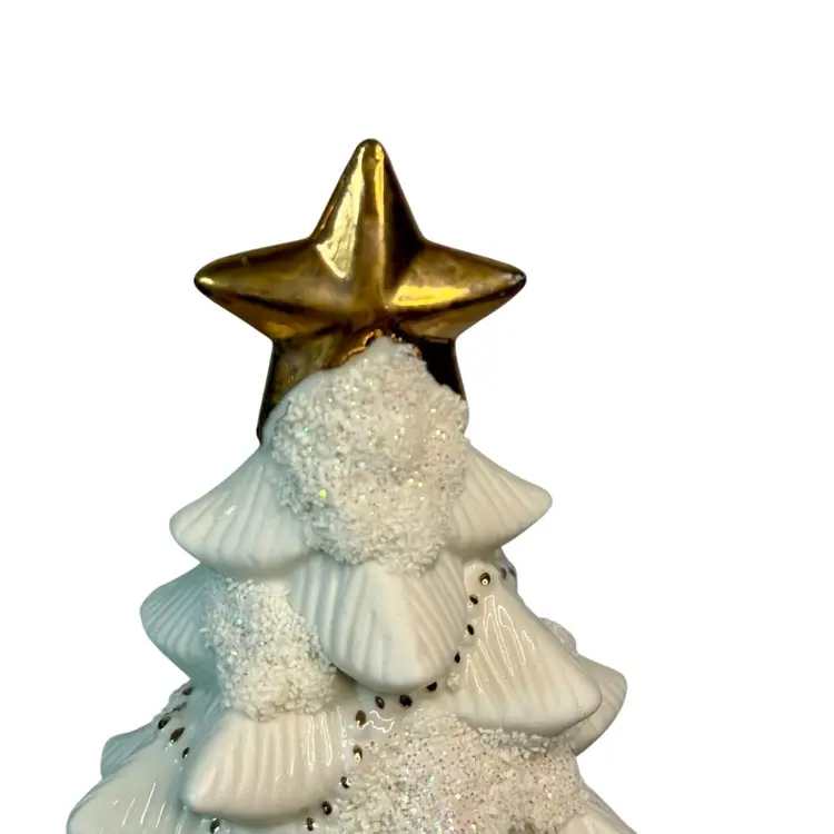 Vintage Ceramic 9" Holiday Tree Ivory Snow Caps Garland/ Gifts/Teddy Bear/Train/Horn/Gold Tone Star Topper & Accents Signed “W”
9” T x 5-1/2” L x 4-3/4” W