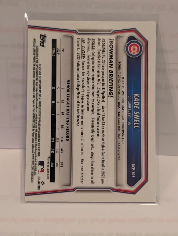 Kade Snell #/199 2026 Bowman Chrome #BCP-105 - (141) - Chicago Cubs