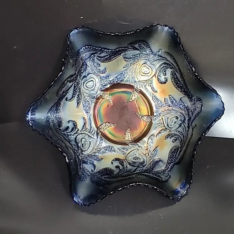 Fenton Cobalt Blue Heart And Vine Carnival Glass Ruffled Edge Bowl
