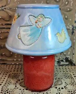 Adorable Large Candle Shade Jar Topper Angels Quilted Style Light Blue (read)