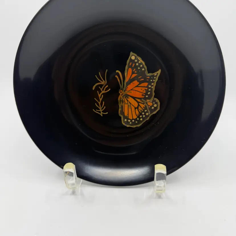 Vintage Couroc of Monterey Black Bowl Dish Orange& Gold Butterfly Inlay MCM 8”