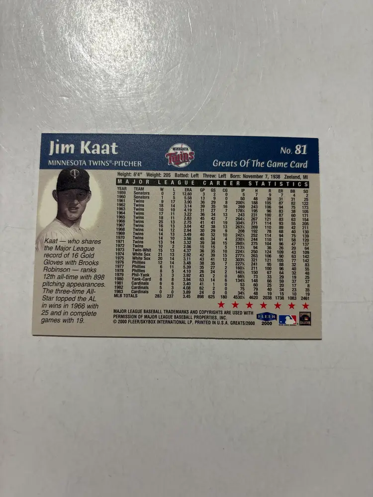 Jim Kaat - 2000 Fleer Greats of the Game # 81 signed Minnesota Twins