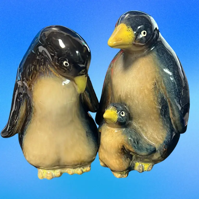 Vintage Penguin Family Glazed Pottery Figurines Arctic Birds Figures Pair Blue Christmas Winter Birds