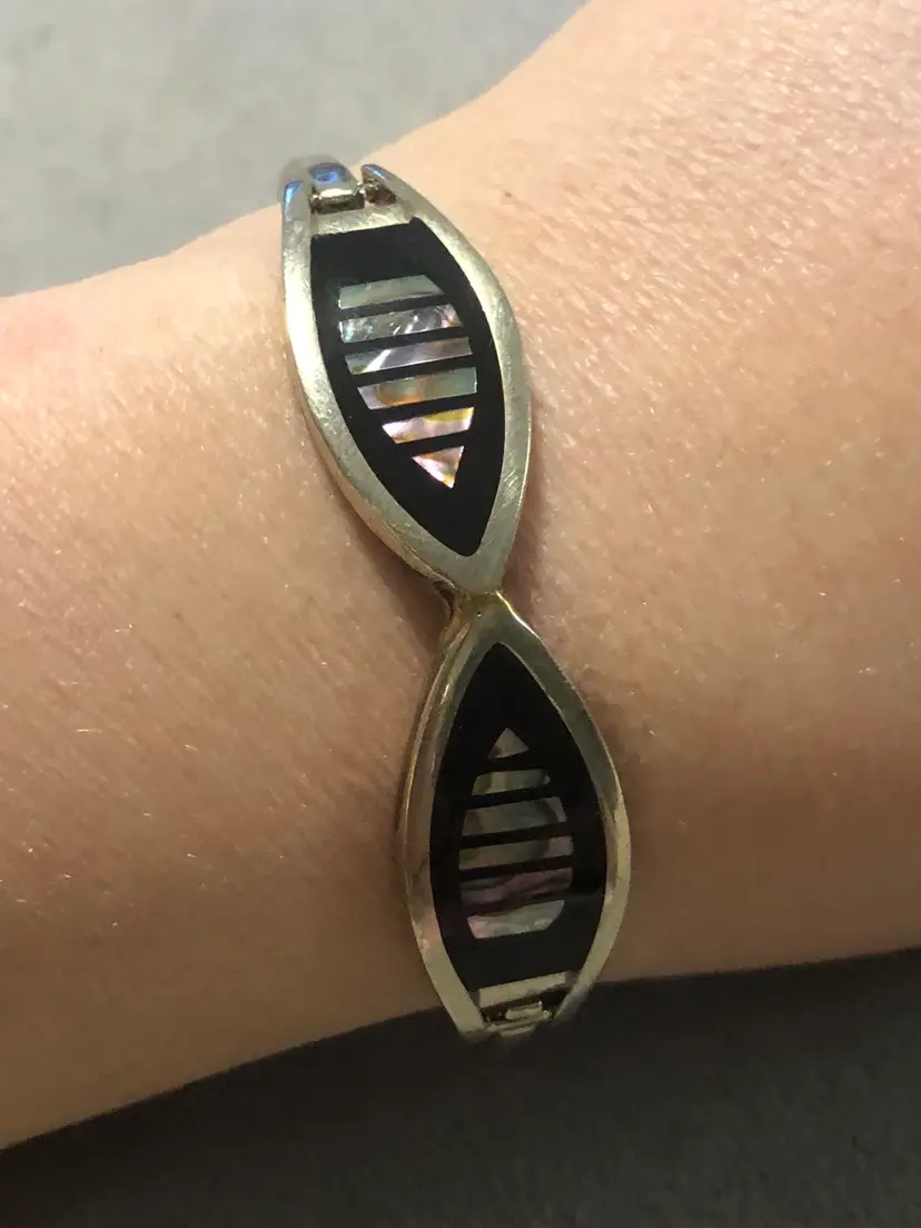 Vintage Silver-Tone Abalone Shell Inlay Hinged Bangle Bracelet