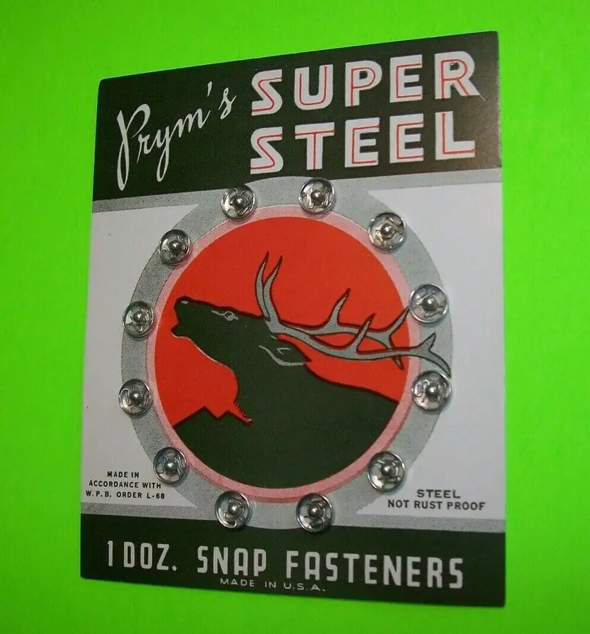 Pryms Moose Elk Super Steel Snap Fasteners Original NOS 1 Dozen On Card 1940's