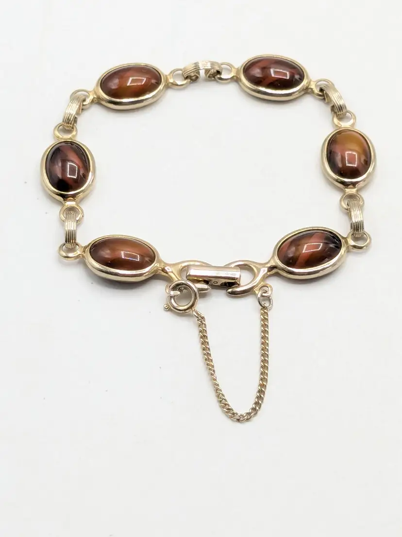 Vintage Sarah Coventry Tiger's Eye Bracelet with Safety Chain Gold Tone