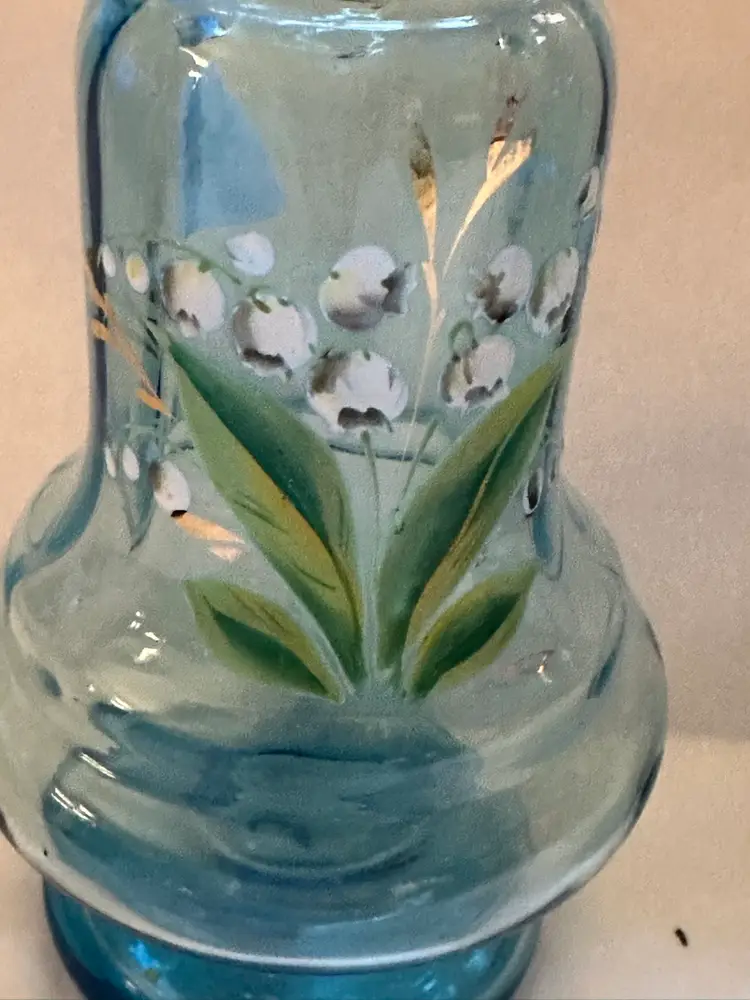 Pair of Victorian Blue Art Glass Vases w/ Enamel Painted Lily of the Valley Flowers 6”