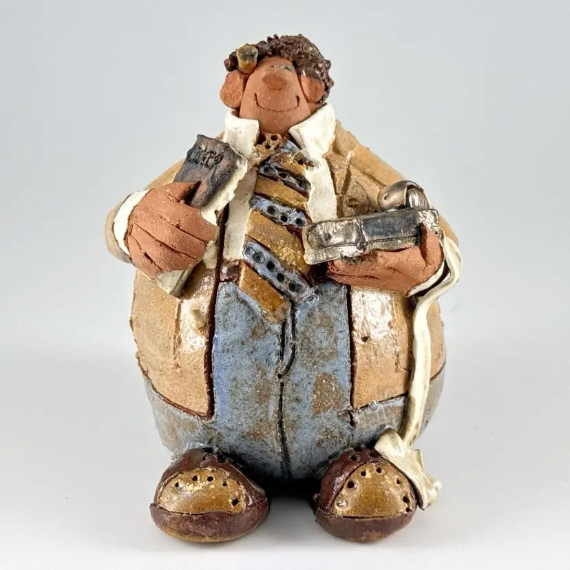 Sara Meadows Studio Art Pottery, "Balloon People" Accountant Figurine Sculpture, Ledger Calculator Bookkeeper CPA